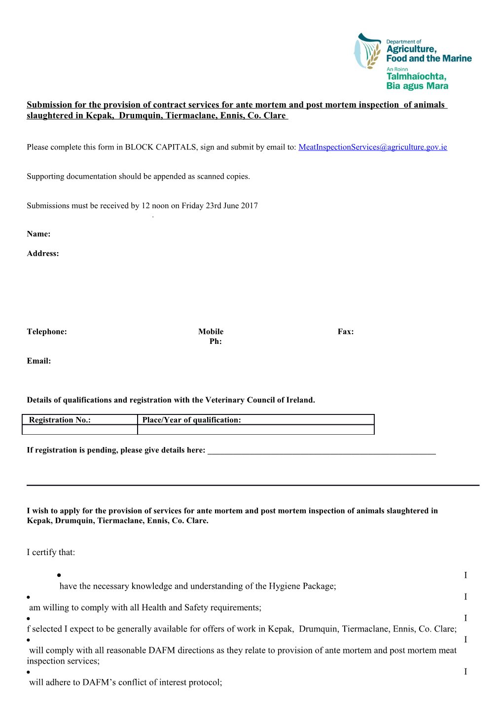 Application to the Minister for Agriculture and Food for Approval of Fresh Meat Establishments