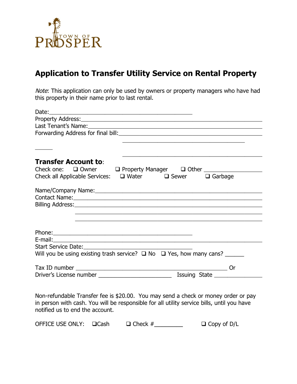 Application to Transfer Utility Service on Rental Property