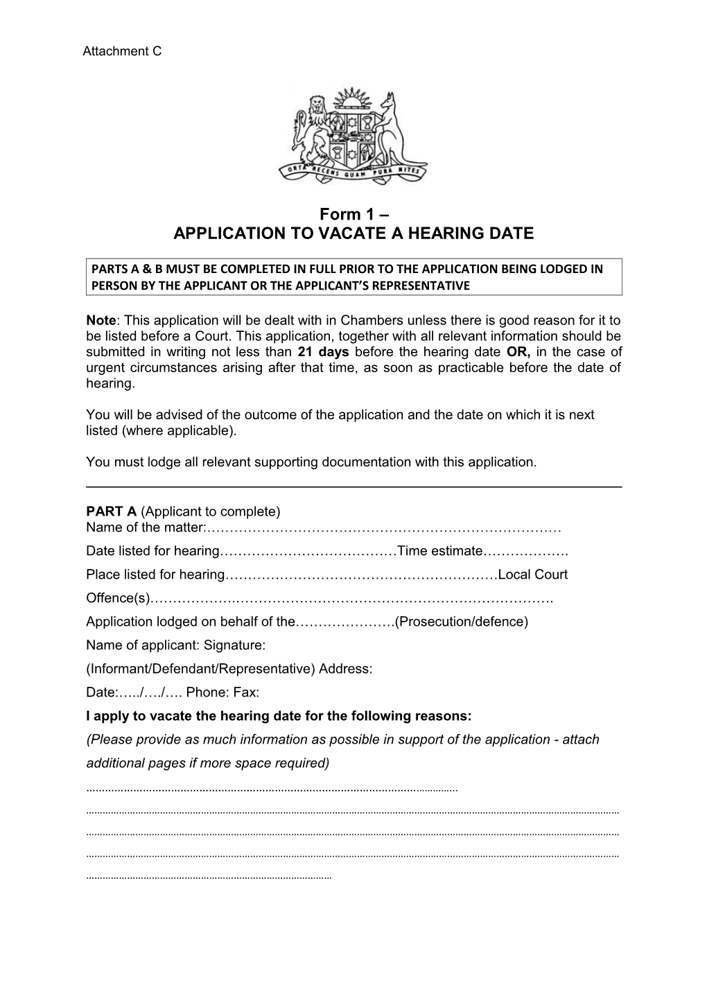 Application to Vacate Hearing Annexure C Crim 1 Practice Note