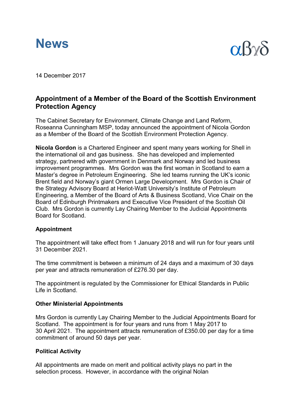 Appointment of a Member of the Board of the Scottish Environment Protection Agency