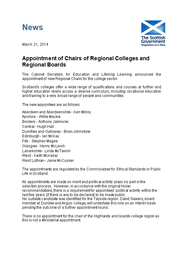 Appointment of Chairs of Regional Colleges and Regional Boards