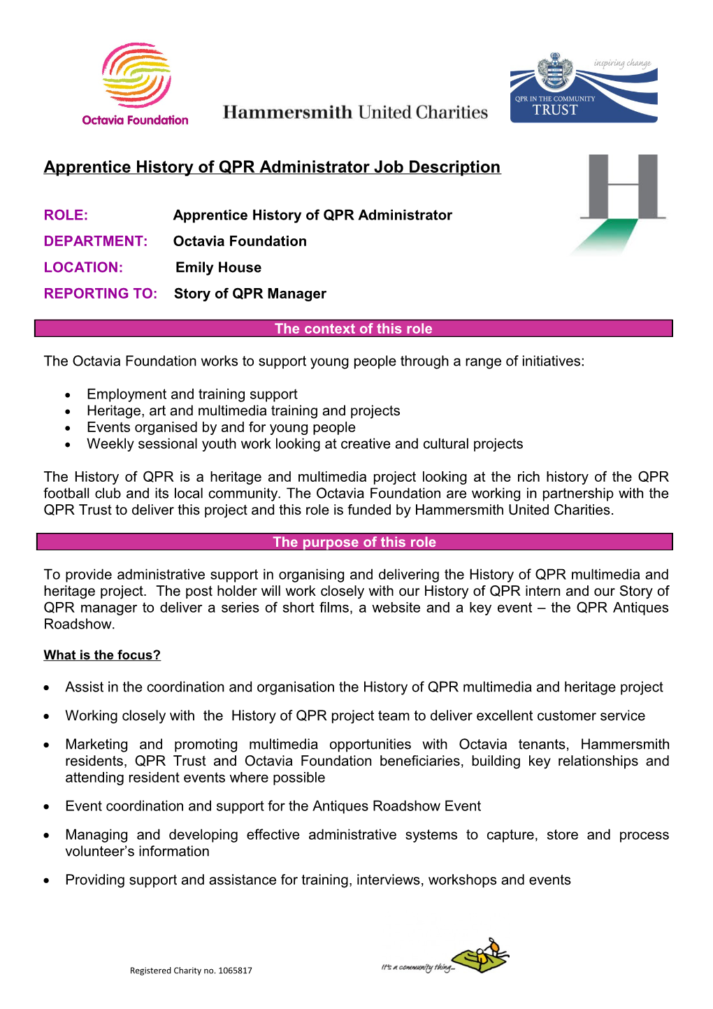 Apprentice History of QPR Administrator Job Description