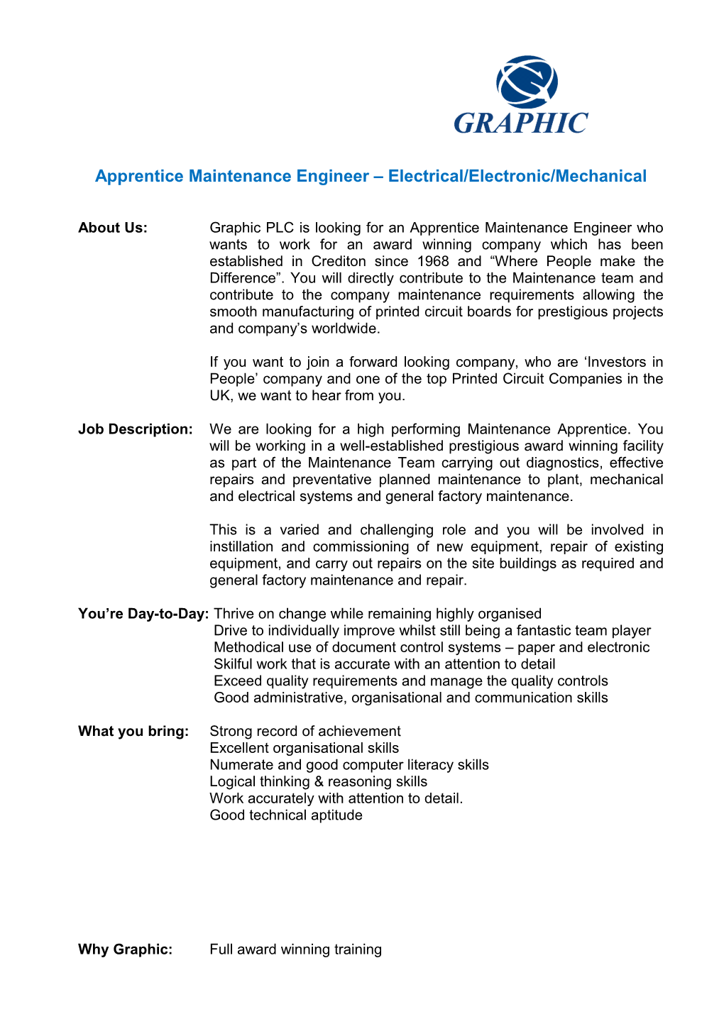 Apprentice Maintenance Engineer Electrical/Electronic/Mechanical