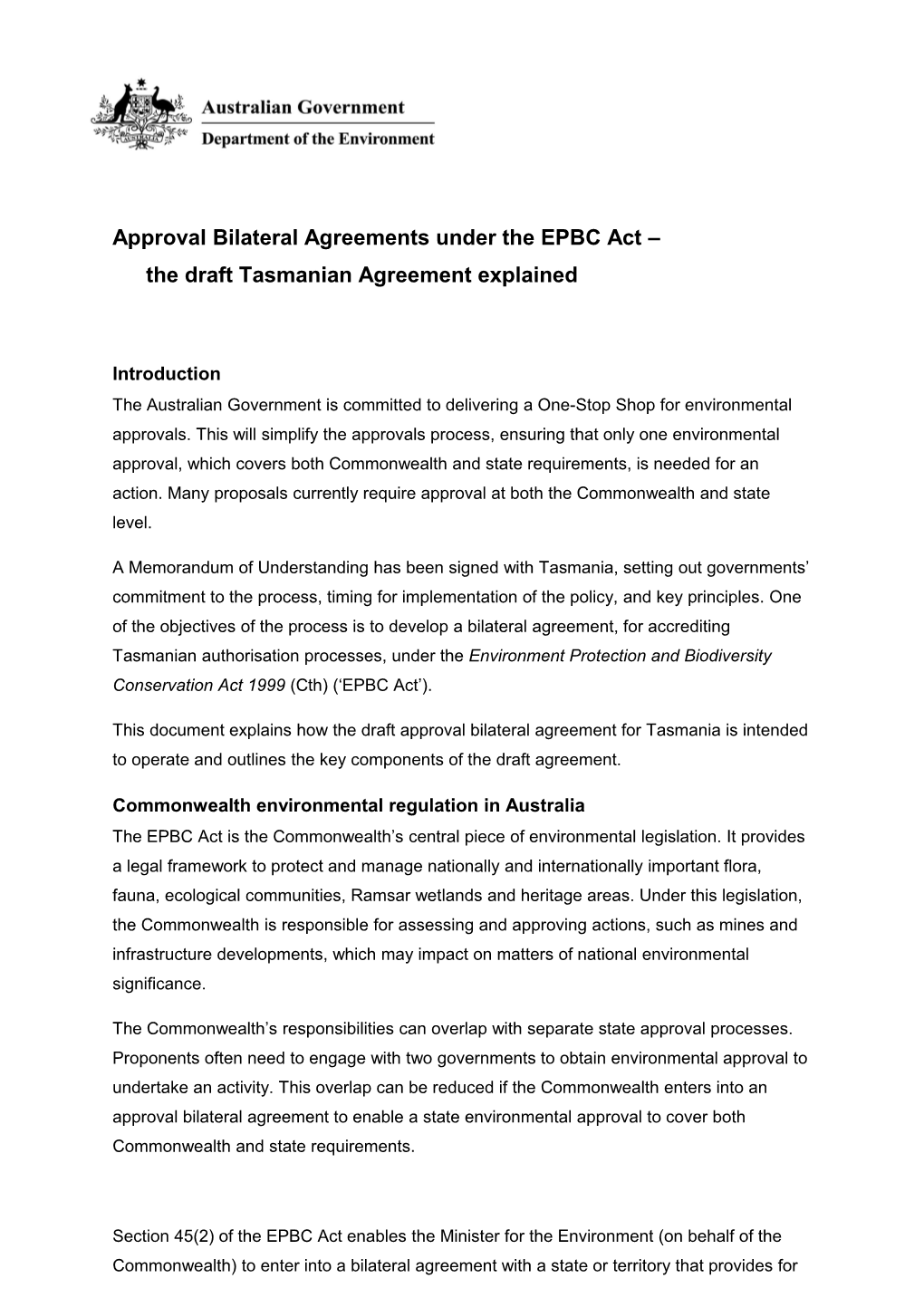 Approval Bilateral Agreements Under the EPBC Act the Tas Agreement Explained