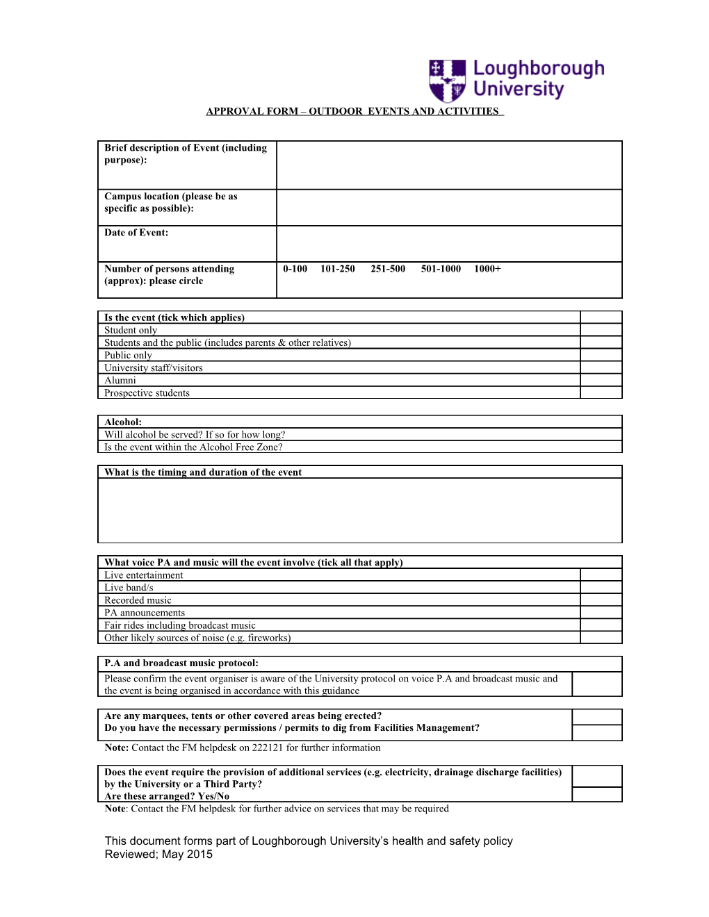 Approval Form Outdoor Events and Activities