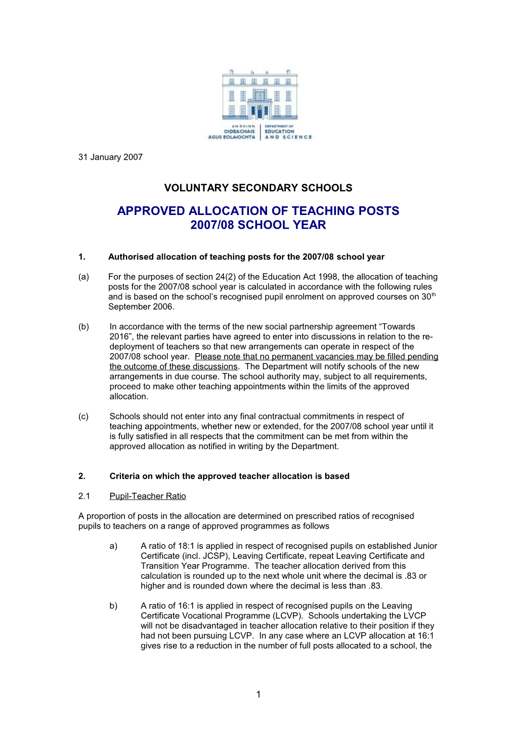 Approved Allocation of Teaching Posts for the 2007/08 School Year - Secondary Schools (File