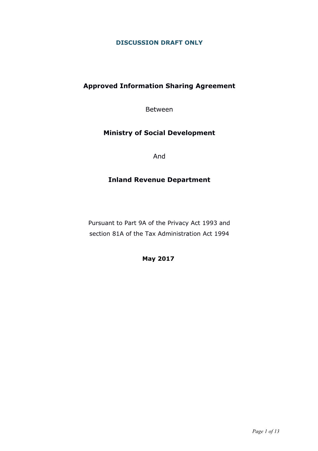 Approved Information Sharing Agreement Between Ministry of Social Development and Inland