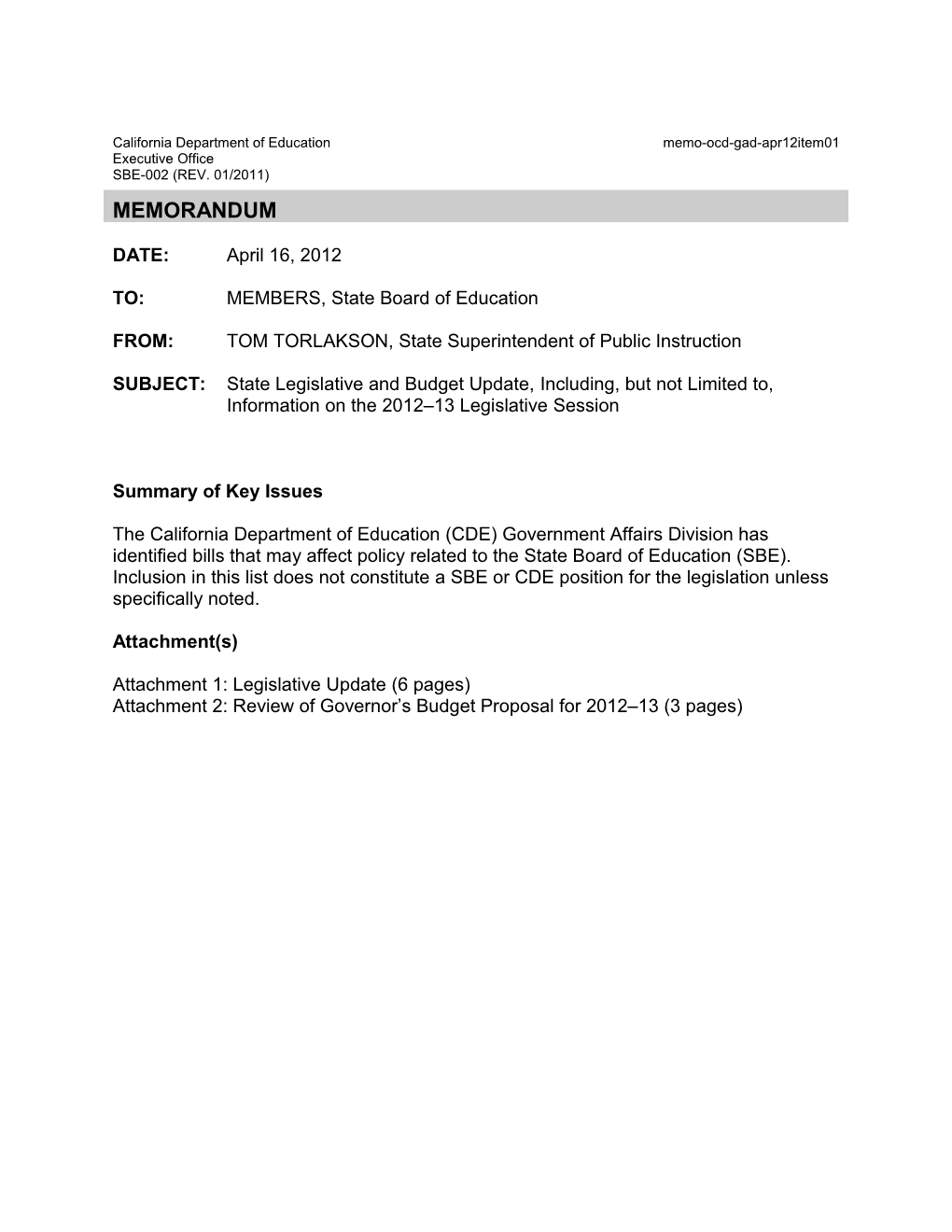 April 2012 Memorandum GAD Item 1 - Information Memorandum (CA State Board of Education)