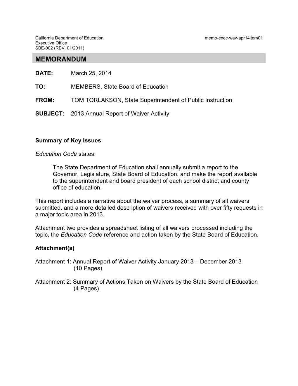 April 2014 Memorandum WAV Item 01 - Information Memorandum (CA State Board of Education)