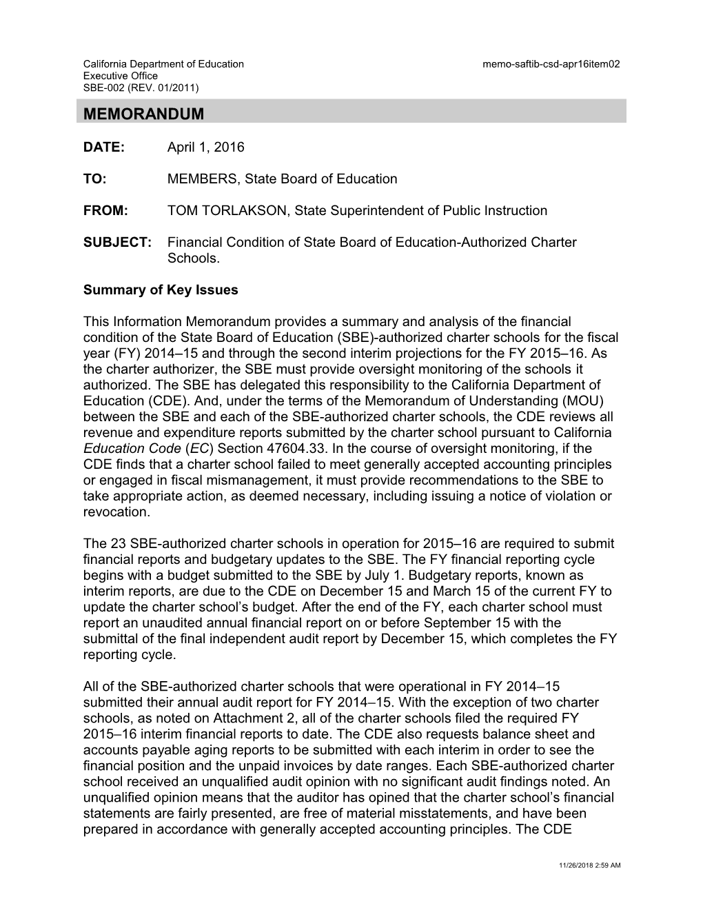 April 2016 Memo CSD Item 02 - Information Memorandum (CA State Board of Education)
