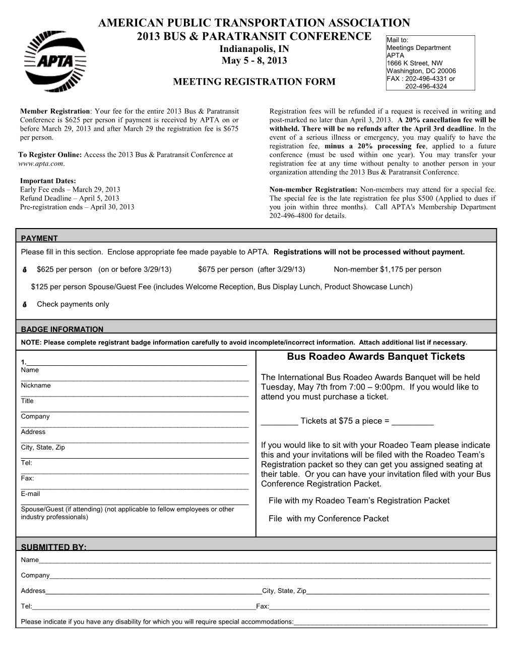 APTA 2013 Bus & Paratransit Conference Registration Form