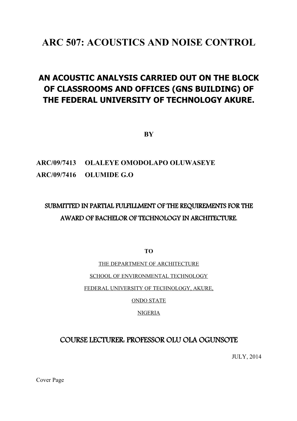 Arc 507: Acoustics and Noise Control