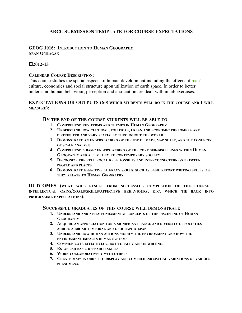 Arcc Submission Template for Course Expectations