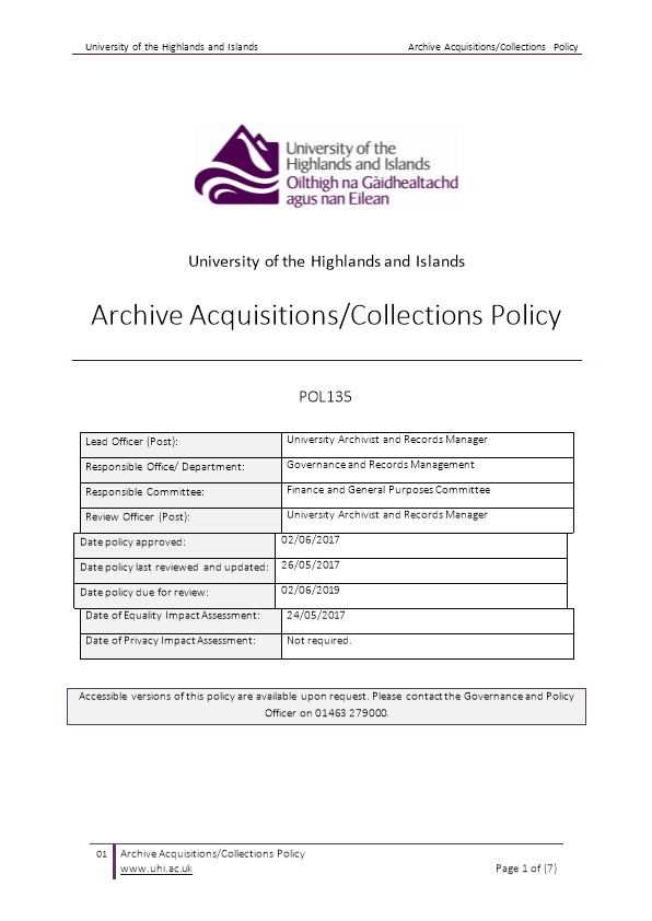 Archive Acquisitions/Collections Policy