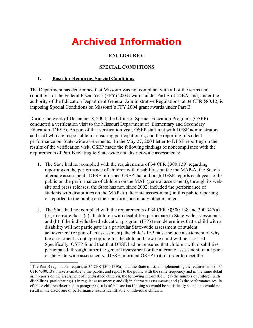 Archived Information: 2004 Missouri Individuals with Disabilities Act (IDEA) Part B Special