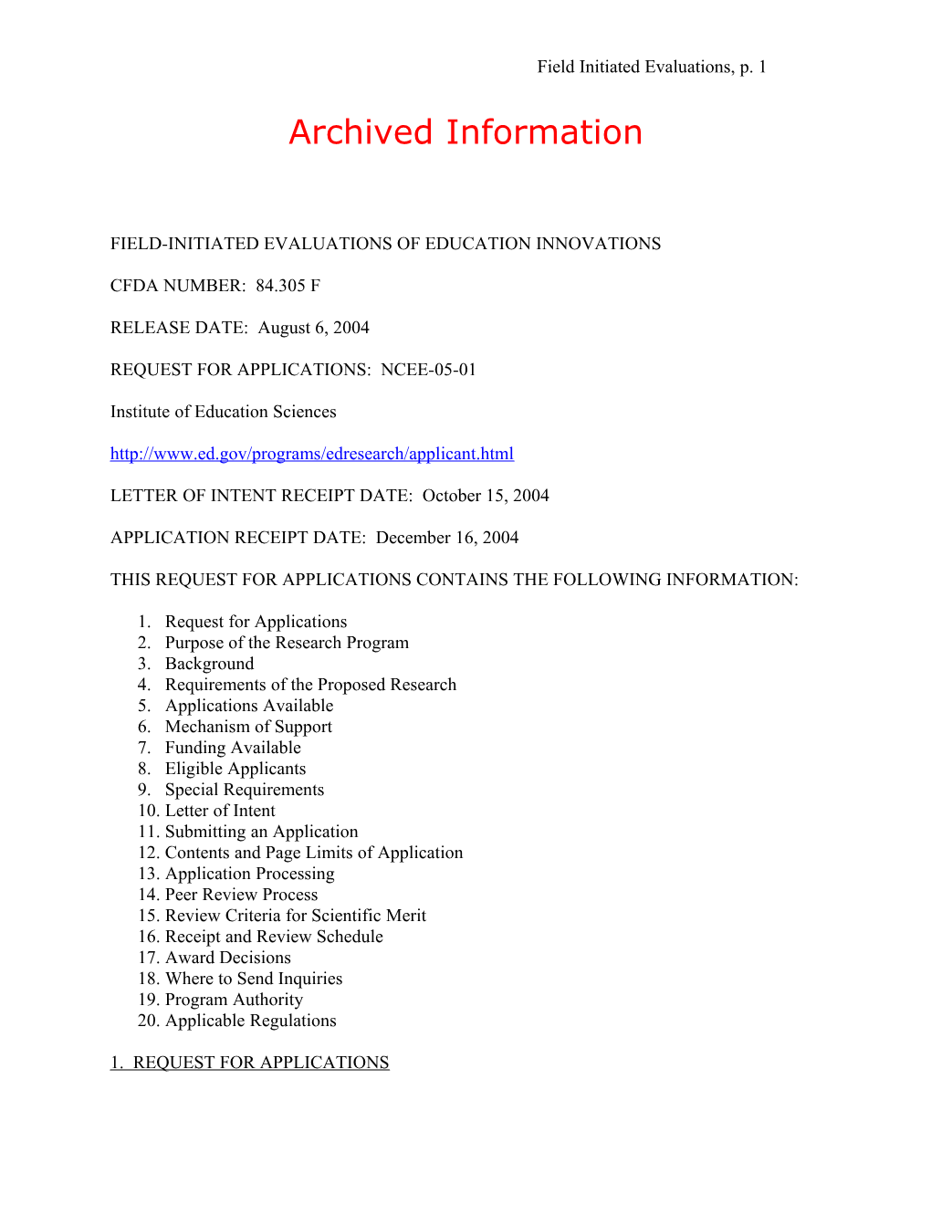 Archived: Request for Applications - Field-Initiated Evaluations of Education Innovations