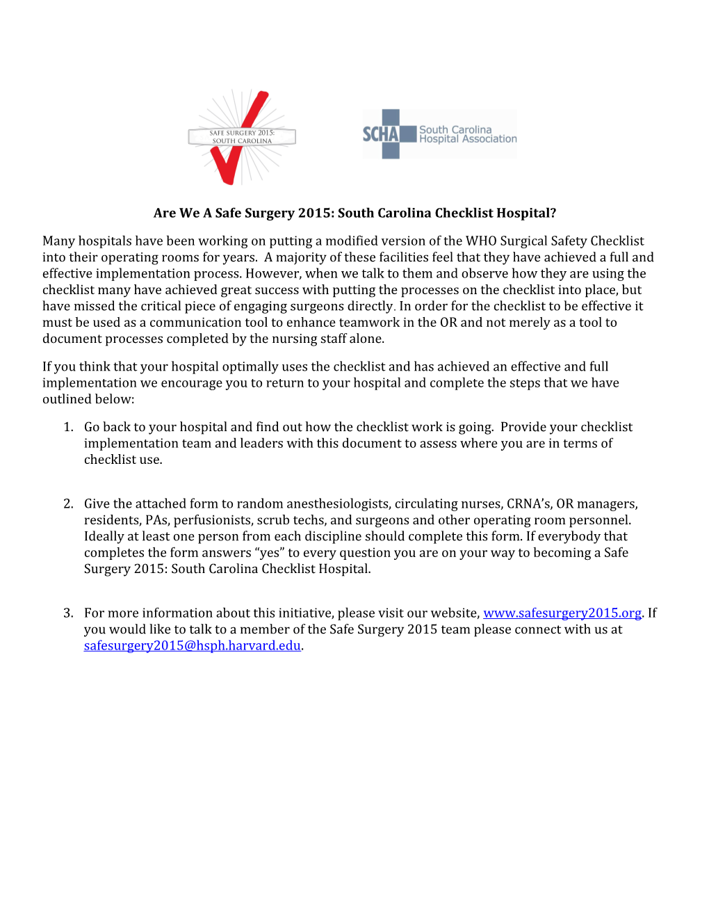 Are We a Safe Surgery 2015: South Carolina Checklist Hospital?