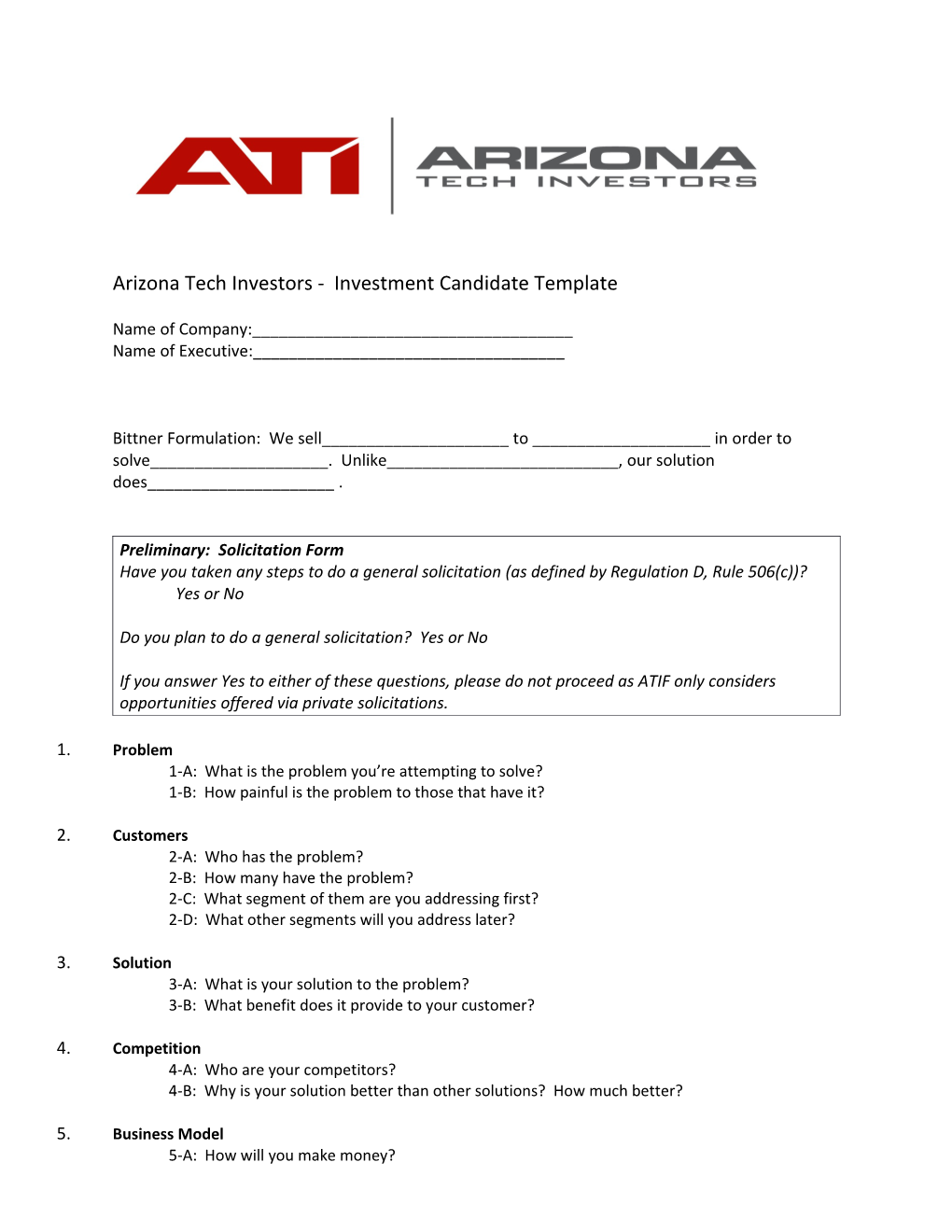 Arizona Tech Investors - Investment Candidate Template