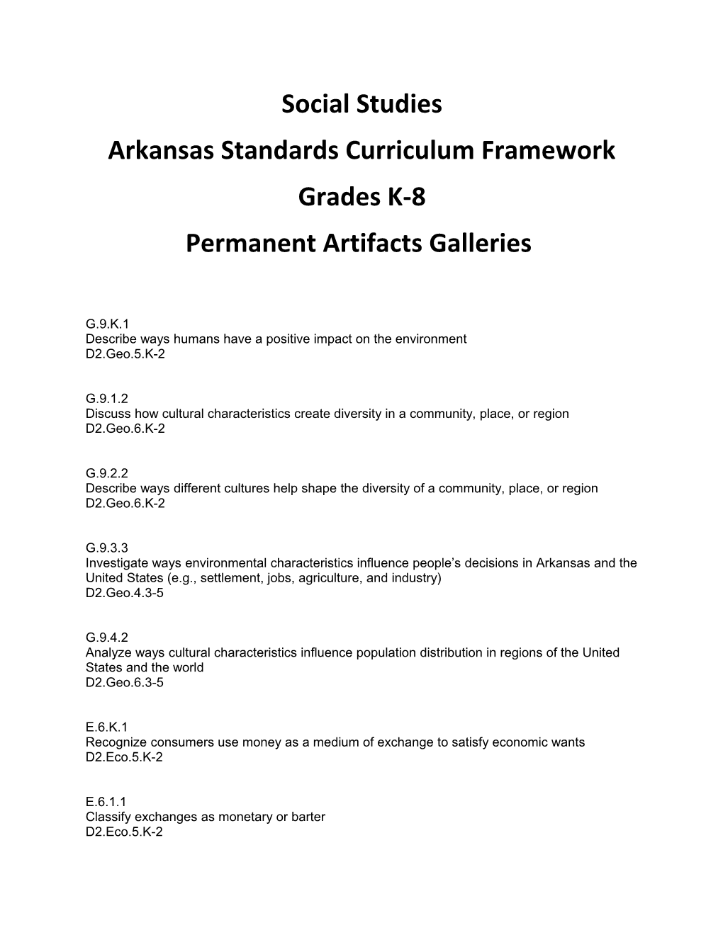 Arkansas Standards Curriculum Framework