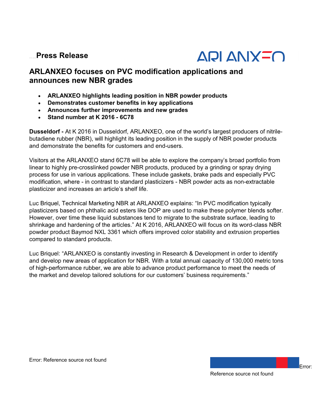 ARLANXEO Focuses on PVC Modification Applications and Announces New NBR Grades