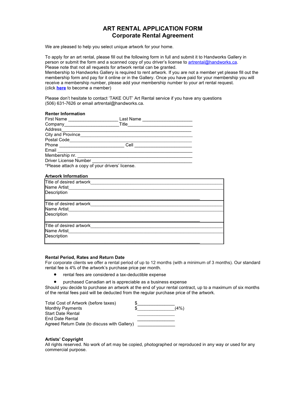 Art Rental Application Form