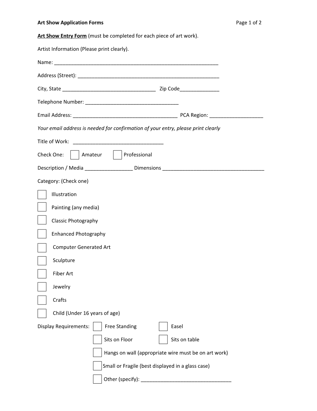 Art Show Application Forms Page 1 of 2