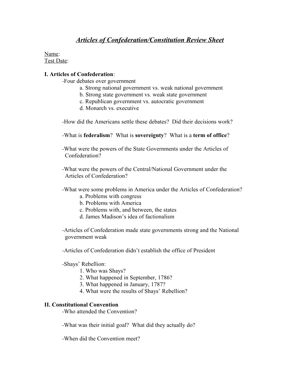 Articles of Confederation/Constitution Review Sheet