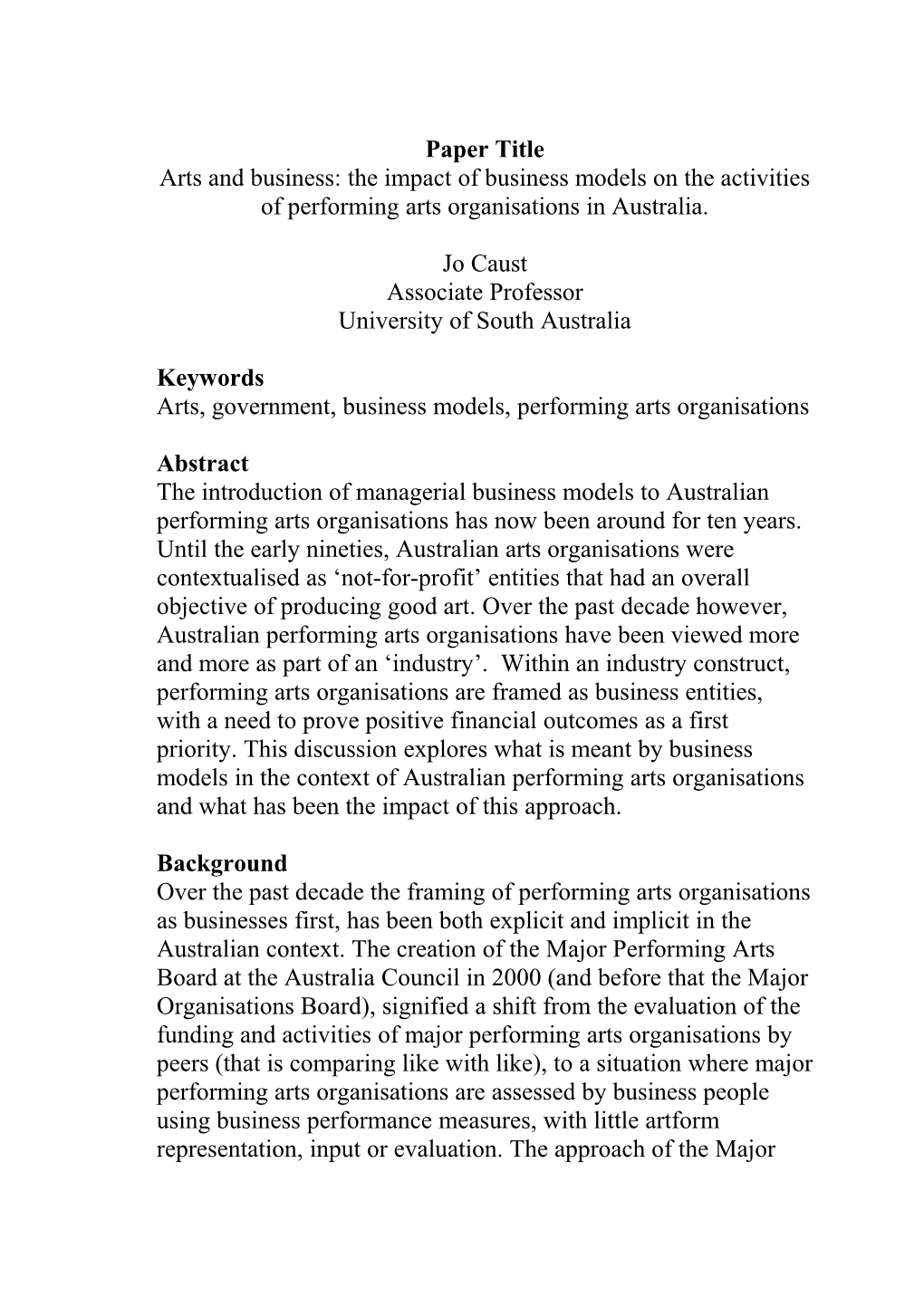 Arts and Business: the Impact of Business Models on the Activities of Performing Arts