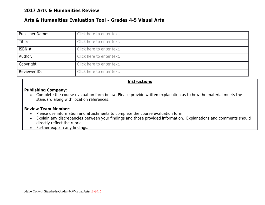 Arts & Humanities Evaluation Tool Grades 4-5 Visual Arts