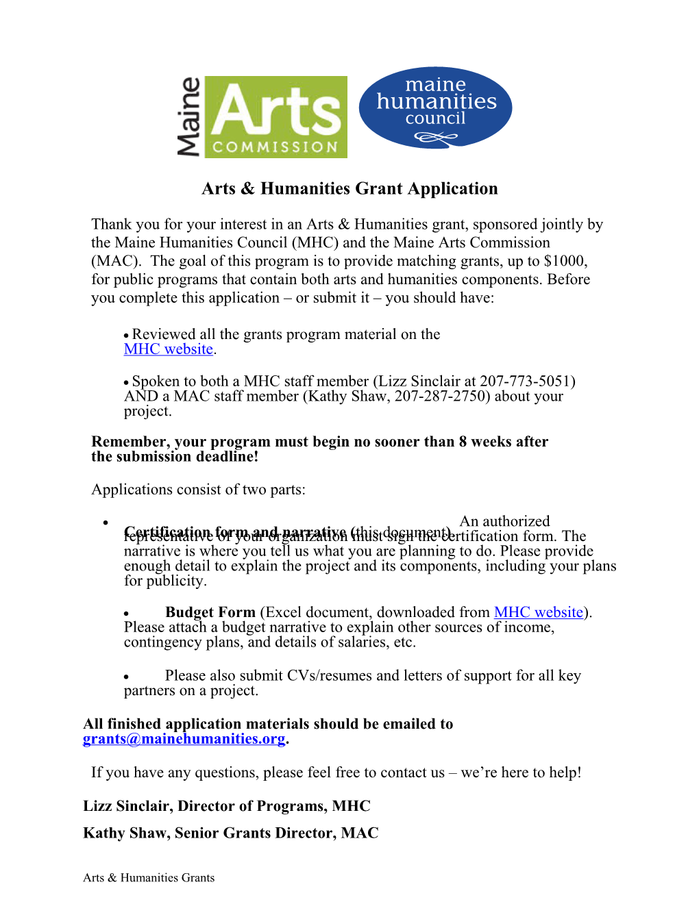 Arts & Humanities Grant Application
