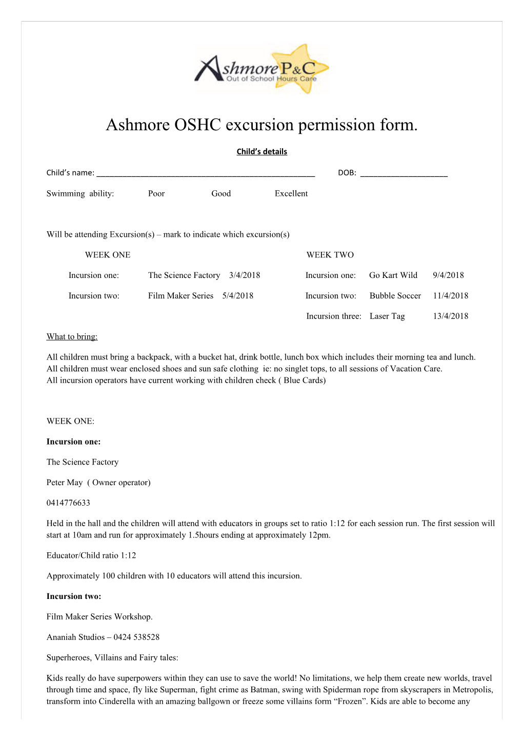 Ashmore OSHC Excursion Permission Form