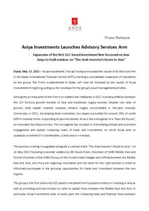 Asiya Investments Launches Advisory Services Arm