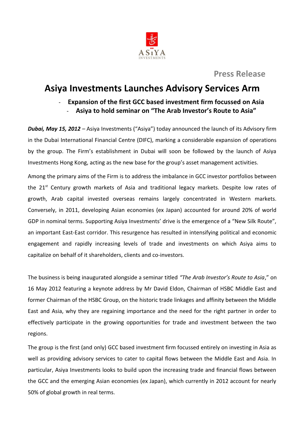 Asiya Investments Launches Advisory Services Arm