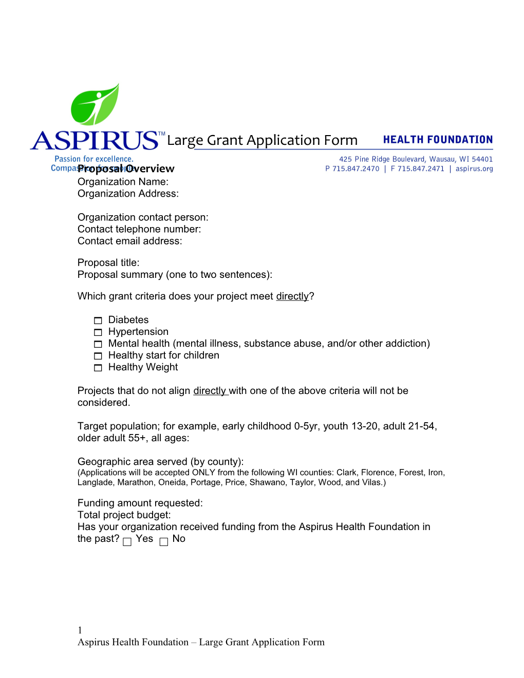 Aspirus Health Foundation Grant Form