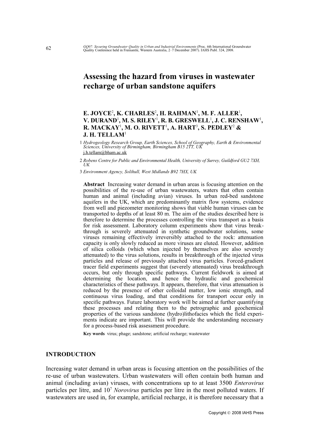 Assessing the Hazard from Viruses in Wastewater Recharge of Urban Sandstone Aquifers