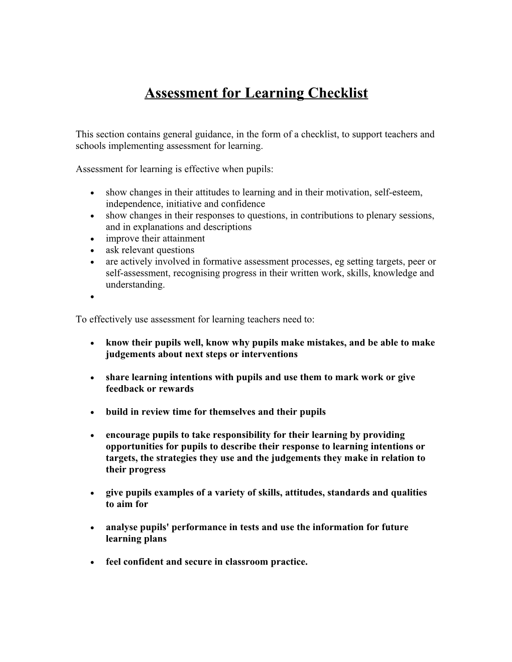 Assessment for Learning Checklist