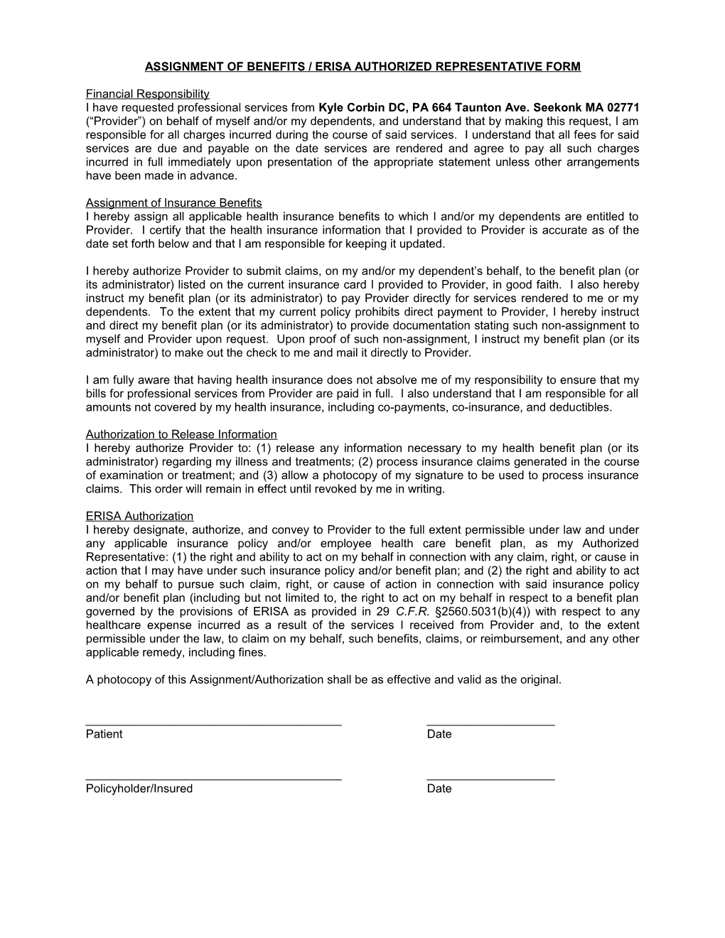 Assignment of Benefits/ Erisa Authorized Representative Form