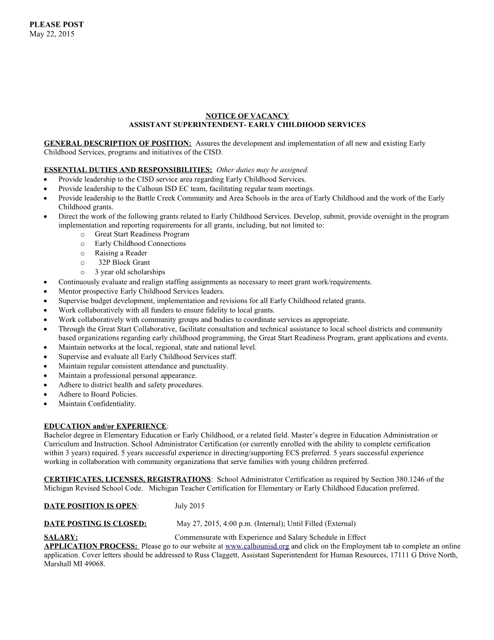 Assistant Superintendent- Early Childhood Services