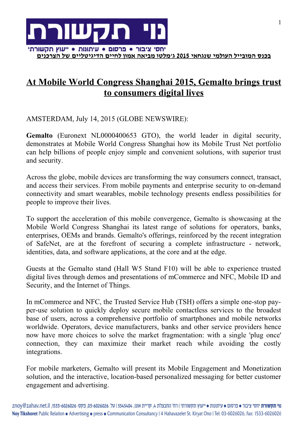 At Mobile World Congress Shanghai 2015, Gemalto Brings Trust to Consumers Digital Lives