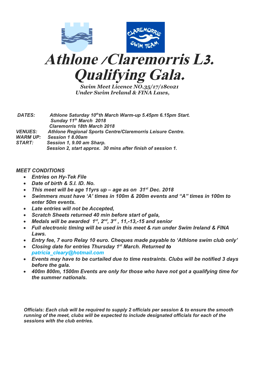 Athlone /Claremorris L3.Qualifying Gala