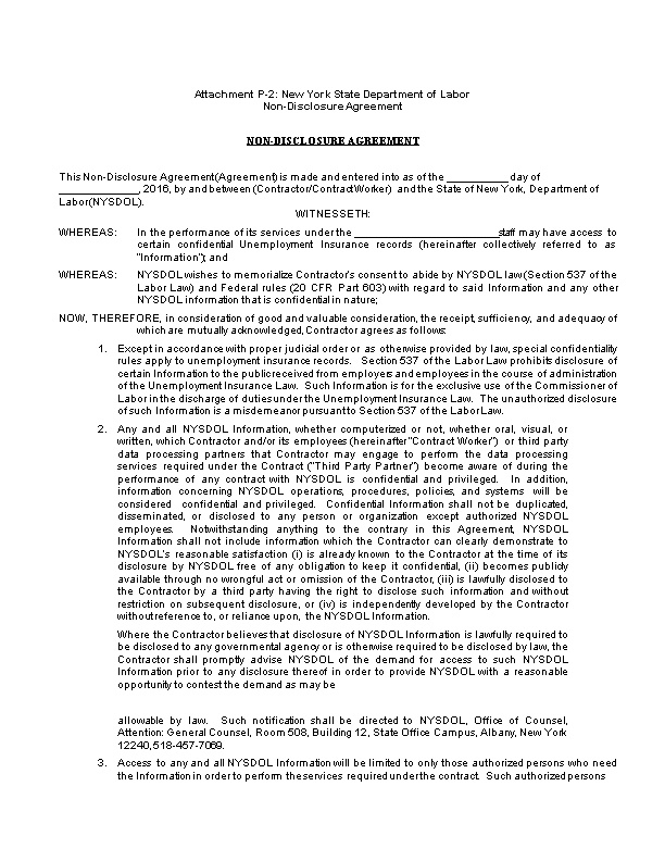 Attachment P-2: New York State Department of Labor Non-Disclosure Agreement