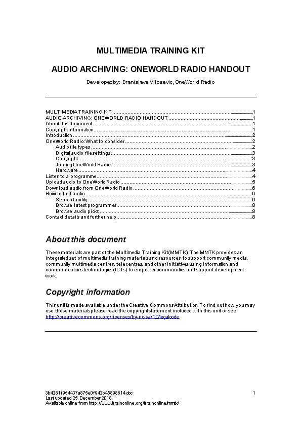 Audio Archiving: Oneworld Radio Handout