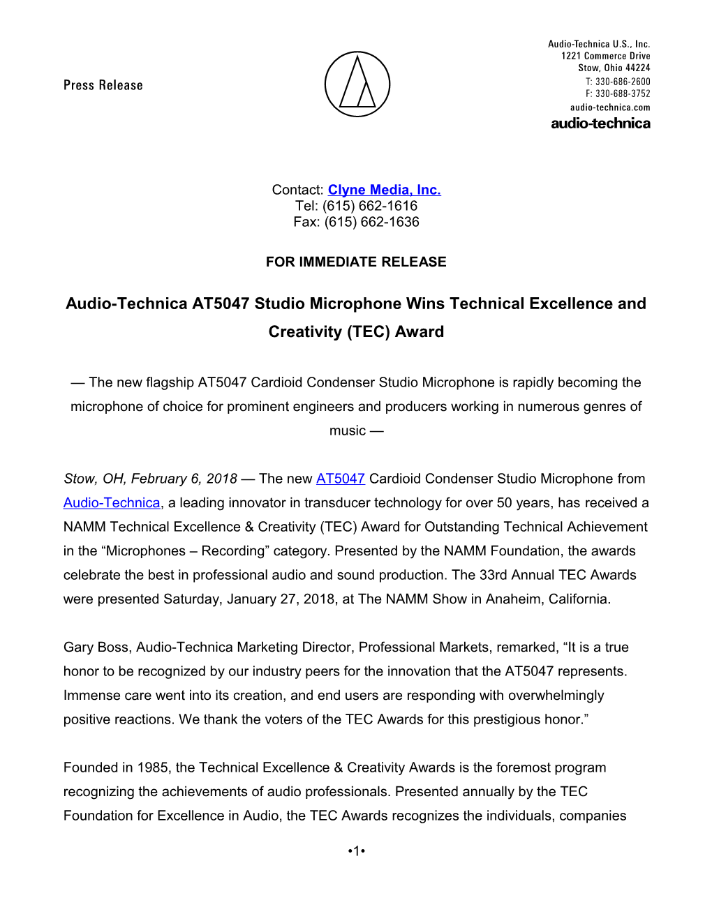 Audio-Technica At5047studio Microphone Wins Technical Excellence and Creativity (TEC) Award
