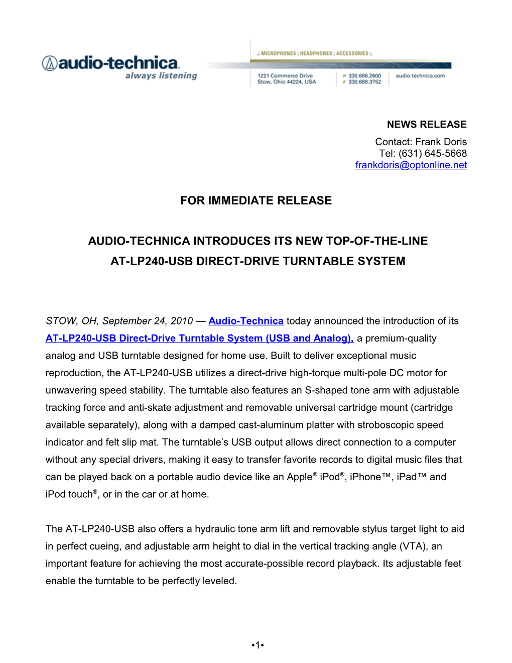 Audio-Technica ATR-LP240-USB Press Release