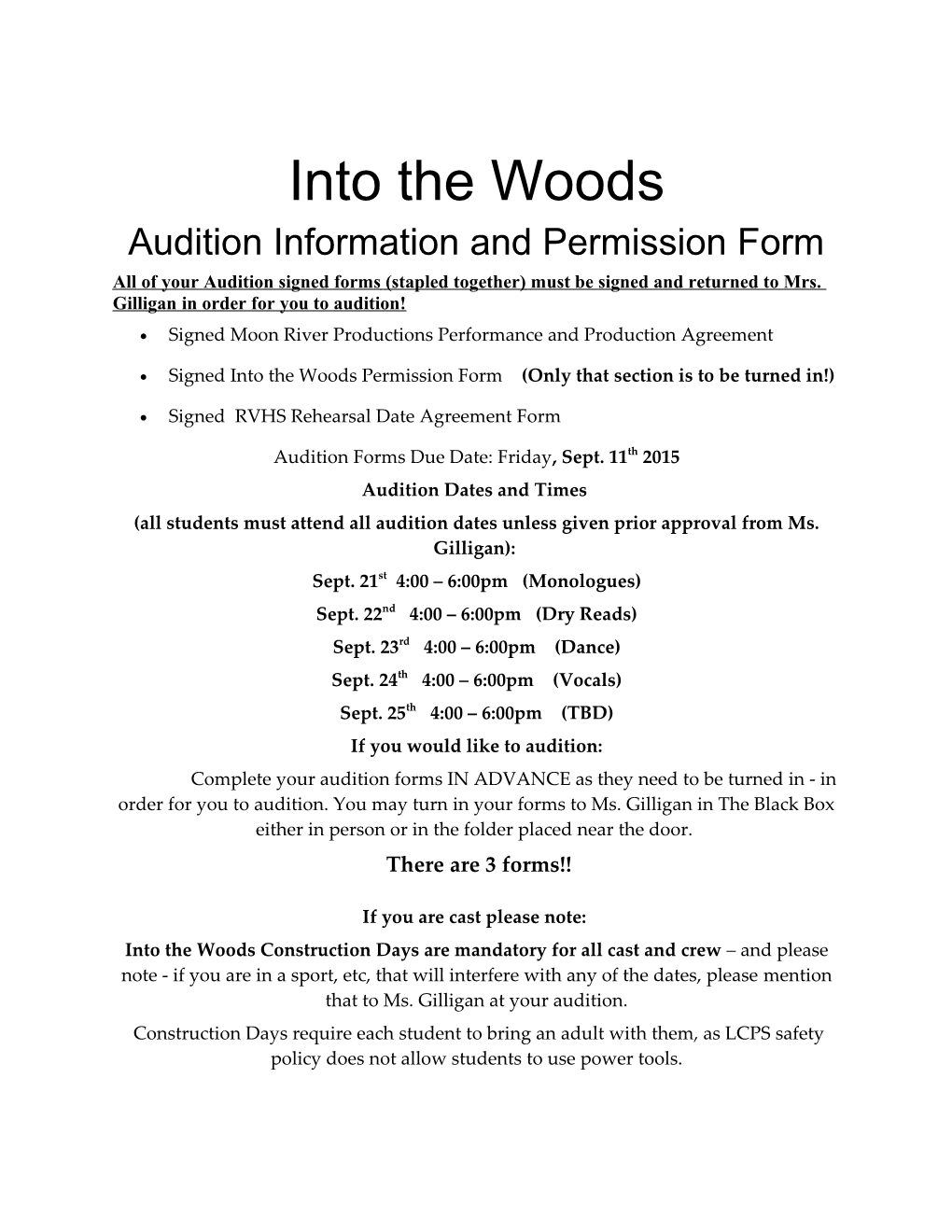 Audition Information and Permission Form