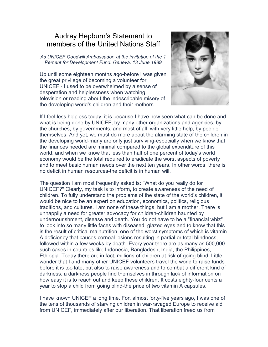 Audrey Hepburn's Statement Tomembers of the United Nations Staff