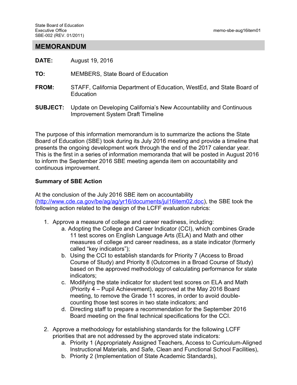 August 2016 Memo SBE Item 01 - Information Memorandum (CA State Board of Education)