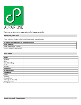 Aupair Link SA Application Form;