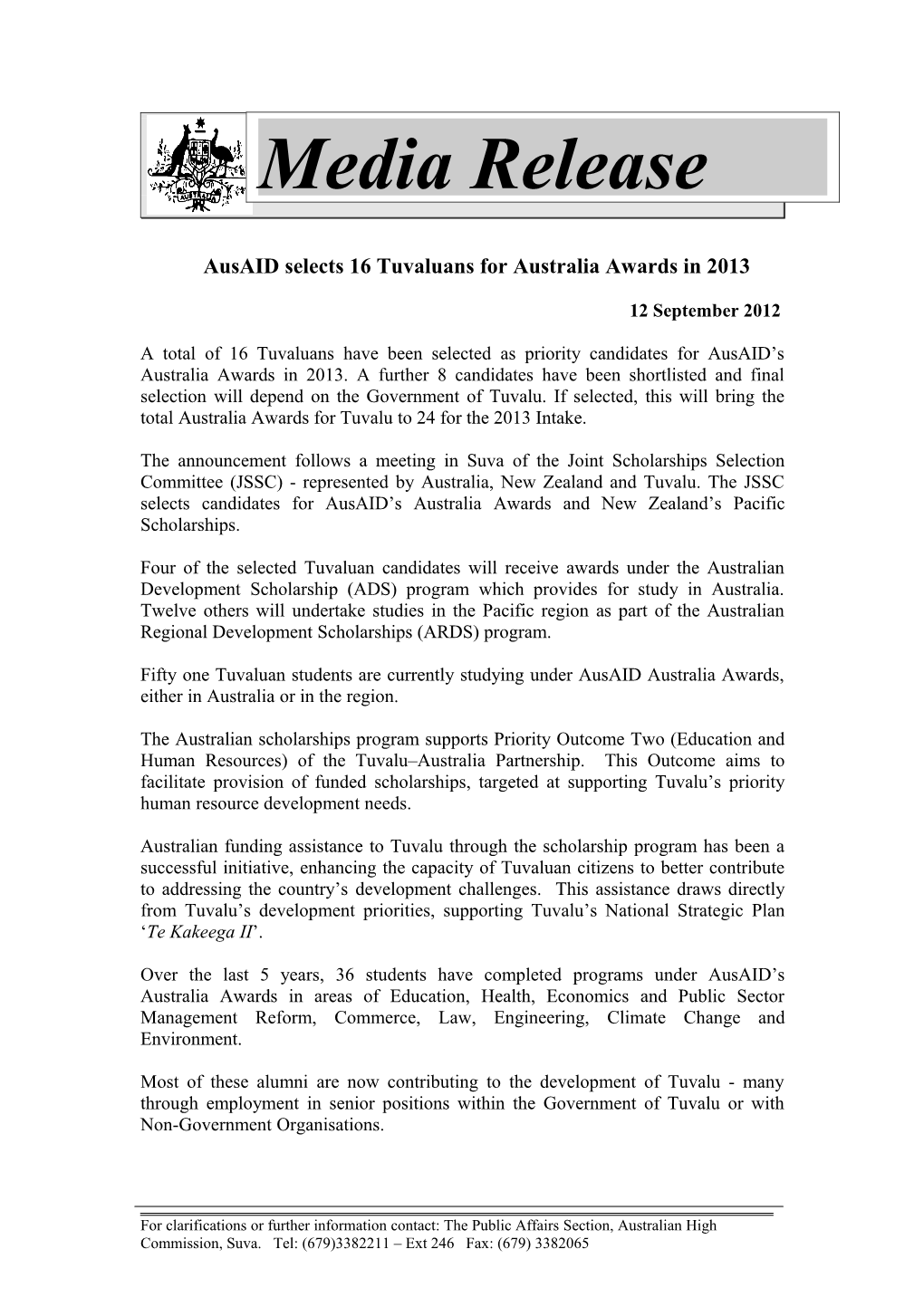 Ausaid Selects 16 Tuvaluans for Australia Awards in 2013