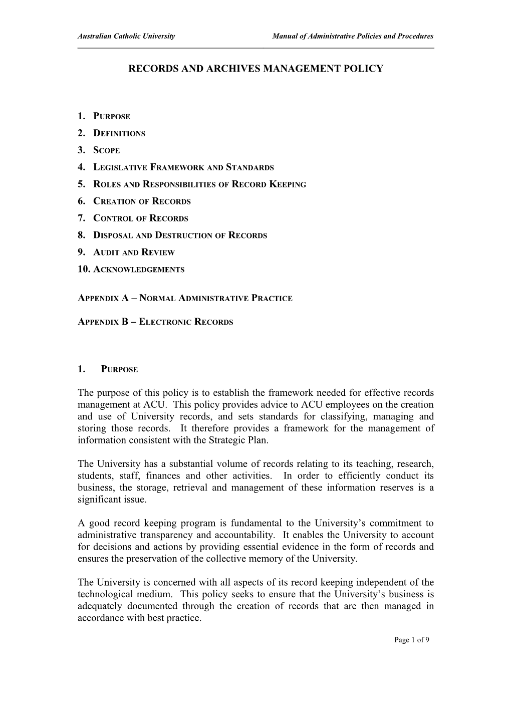 Australian Catholic University Manual of Administrative Policies and Procedures